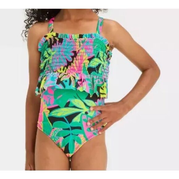 Cat & Jack Girls Neon Tropical Floral Swim Swimsuit 5 5T - Picture 2 of 3